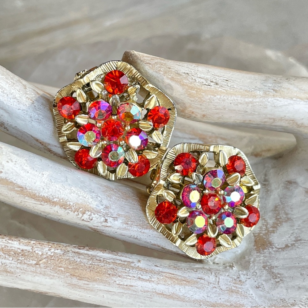 VTG Signed BSK Red Orange AB Cluster Clip-On Mid Century Gold Earrings